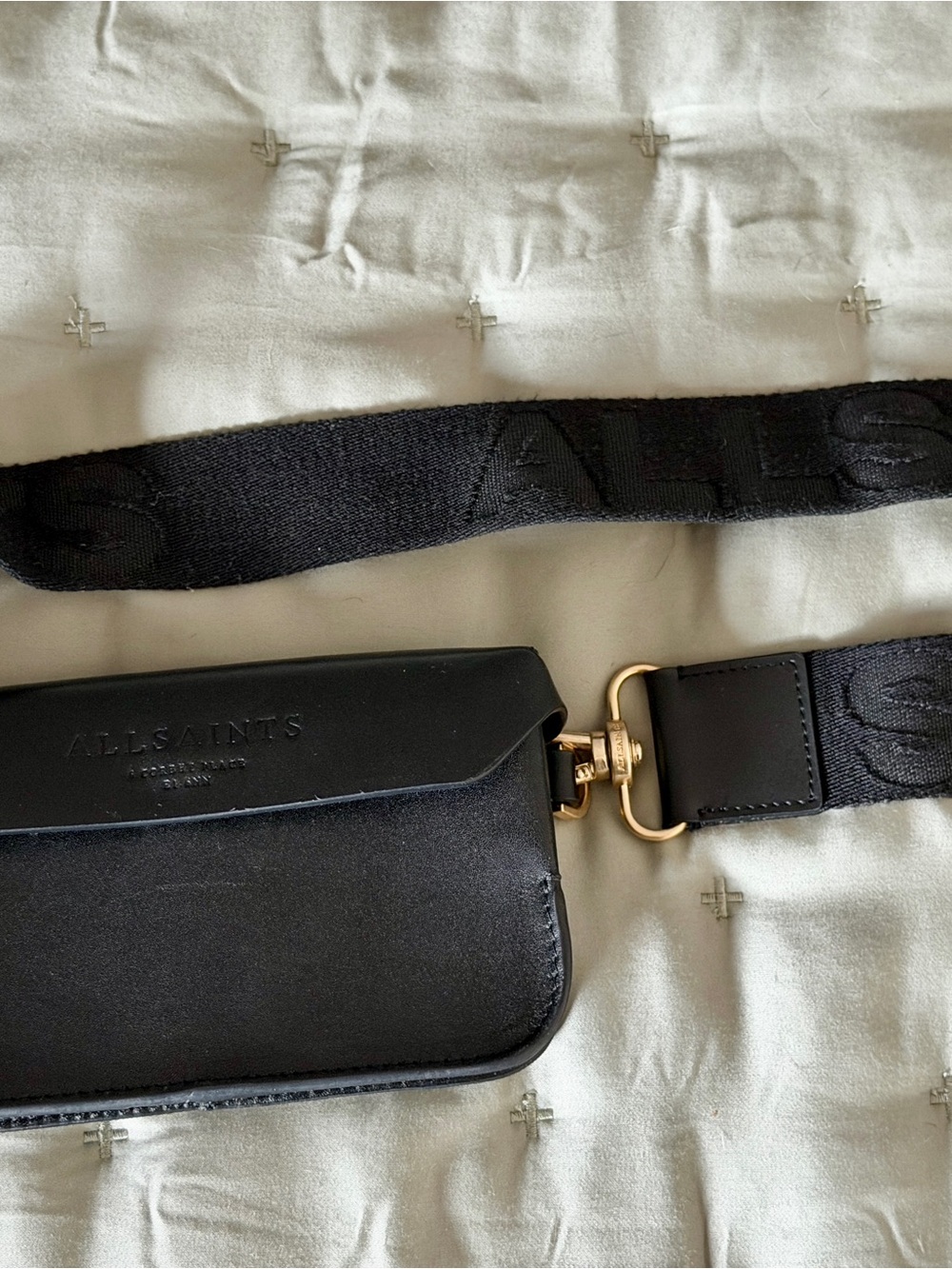 All Saints Black Leather Phone Case with Branded Strap